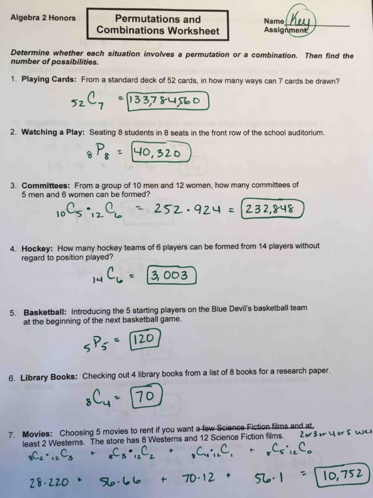 Permutations and Combinations Worksheet KEY | PDF