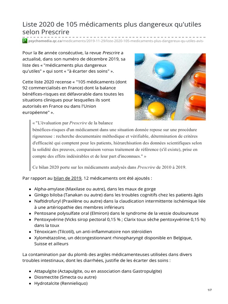 Psychomedia Qc Ca Listenbsp2020 De 105 Medicaments Plus Dangereux Quutiles Selon Prescrire Anti Inflammatoire Non Steroidien Menopause