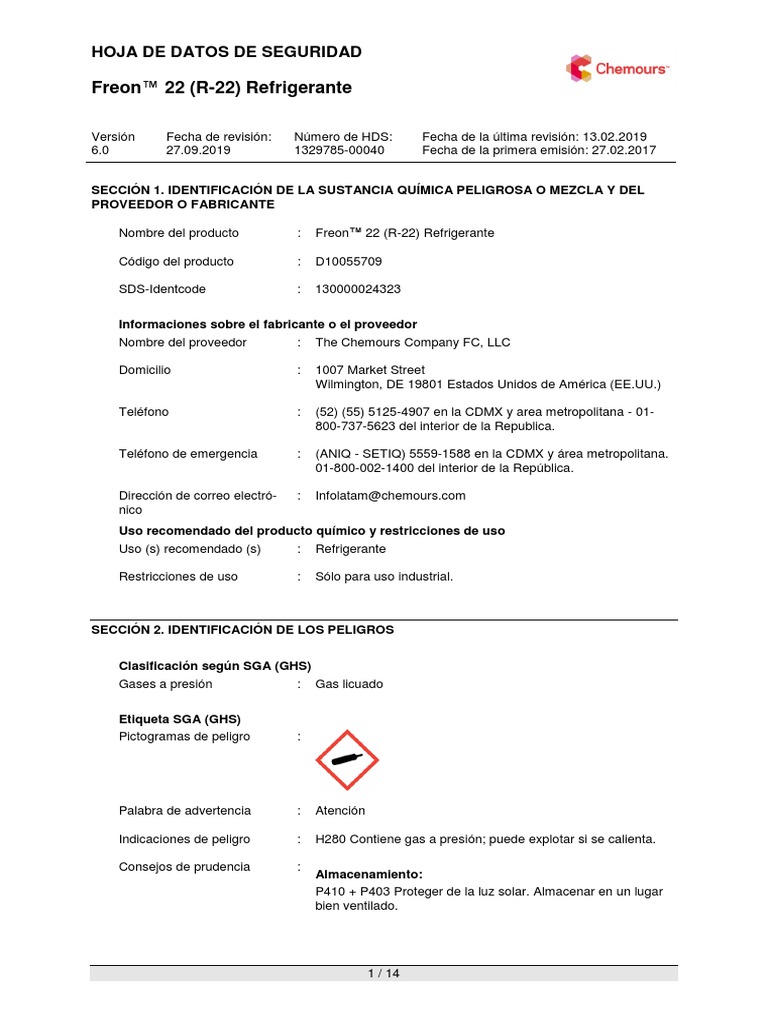 Gas Refrigerante - Freon 22 (R-22) - Chemours | PDF ...