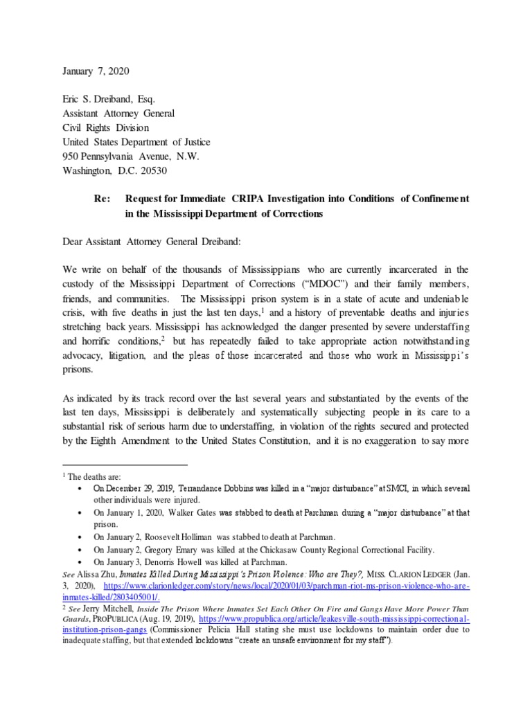 Letter asking DoJ to investigate the Mississippi Department of