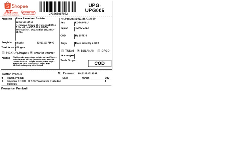 Contoh Shipping Order untuk COD | PDF