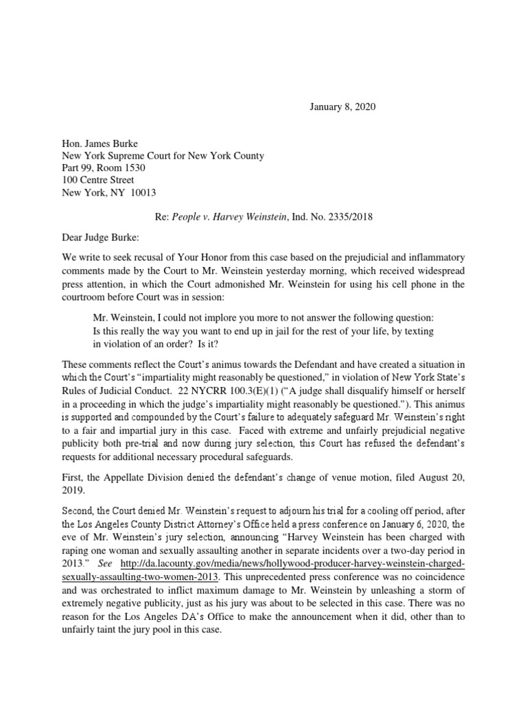 Weinstein Defense Letter Seeking Judge's Recusal | Voir Dire | Continuance