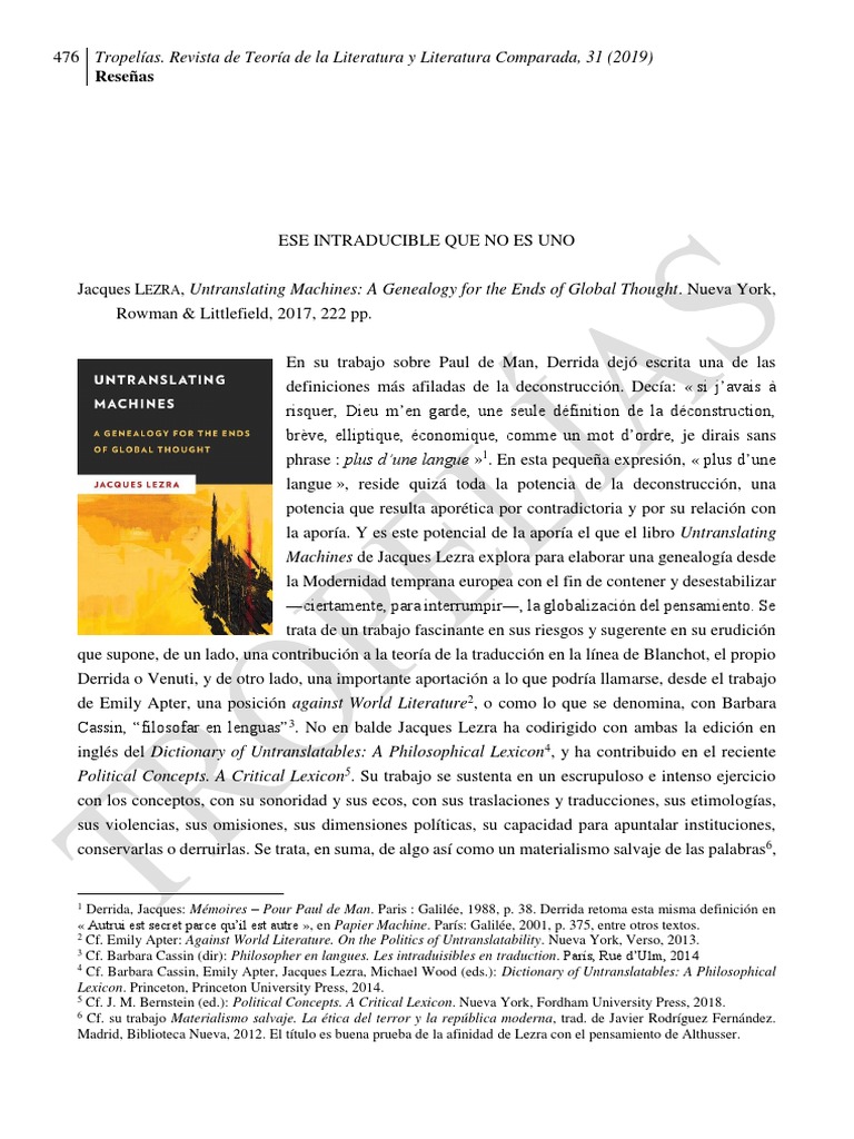 Jacques LEZRA Untranslating Machines A Genealogy F PDF Traducciones