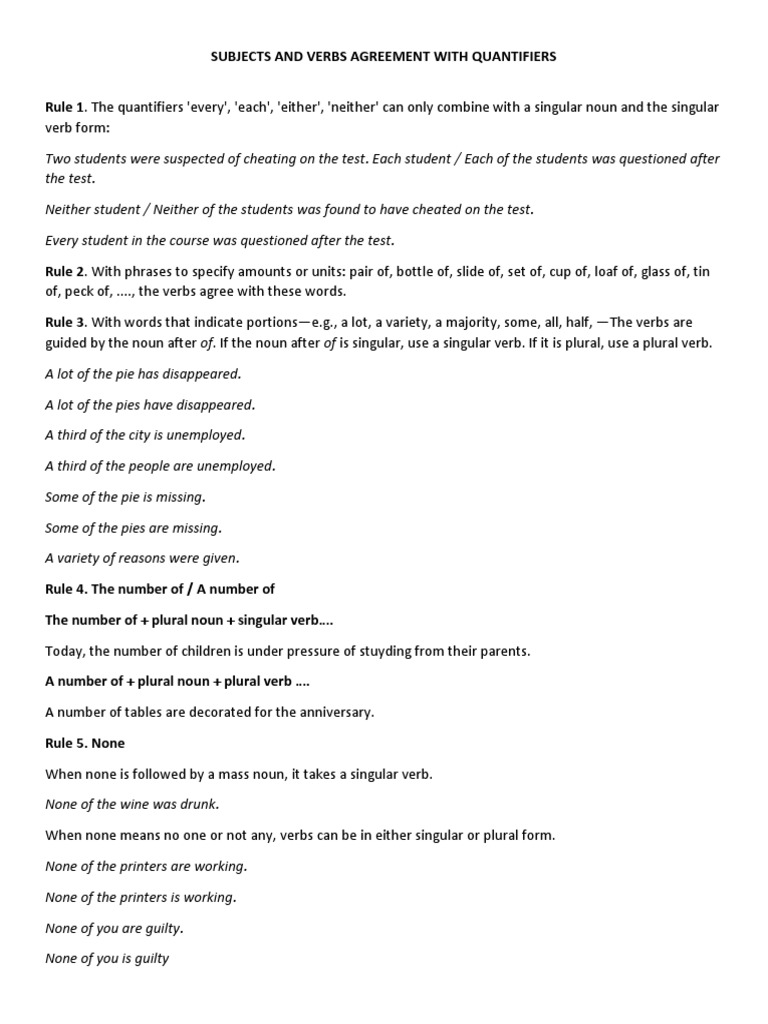 Subject-Verb Agreement with Quantifiers | PDF | Grammatical Number | Plural