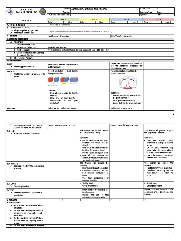 Heat Transfer Lesson Plan for Grade 7 | PDF | Heat Transfer | Thermal ...