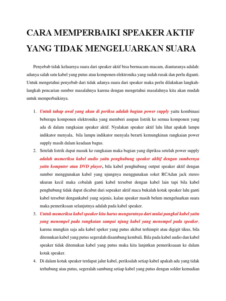 Cara Memperbaiki Speaker Aktif Yang Tidak Mengeluarkan Suara PDF