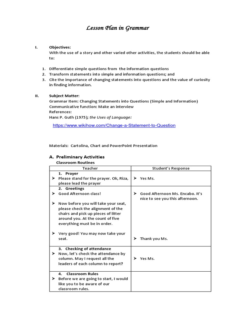 Lesson Plan in Grammar | PDF | Question | Subject (Grammar)