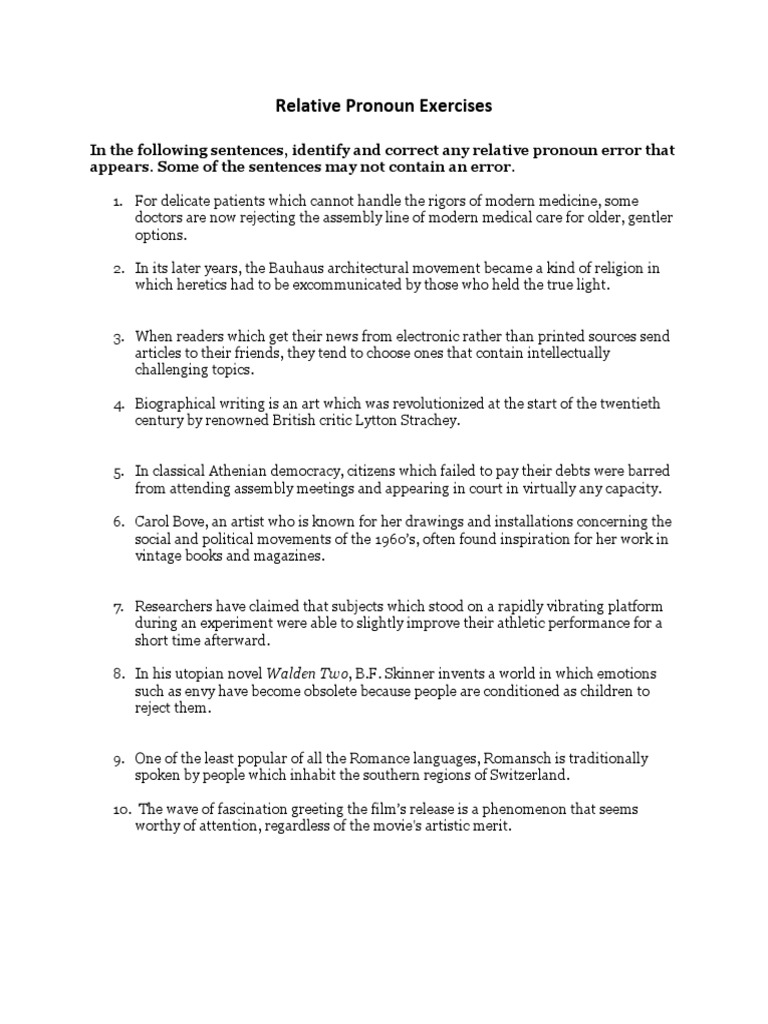 Relative Pronoun Error Correction Exercises | PDF