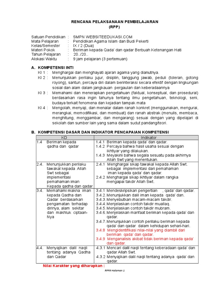 1 Rpp Pai K9 K13 Iman Qada Qadar Websiteedukasi Com Doc