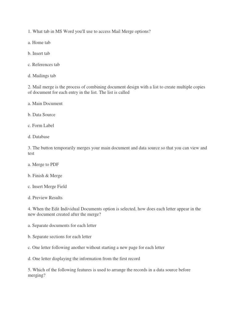 Mail Merge Questions and Answers Guide | PDF | Microsoft Word | Databases