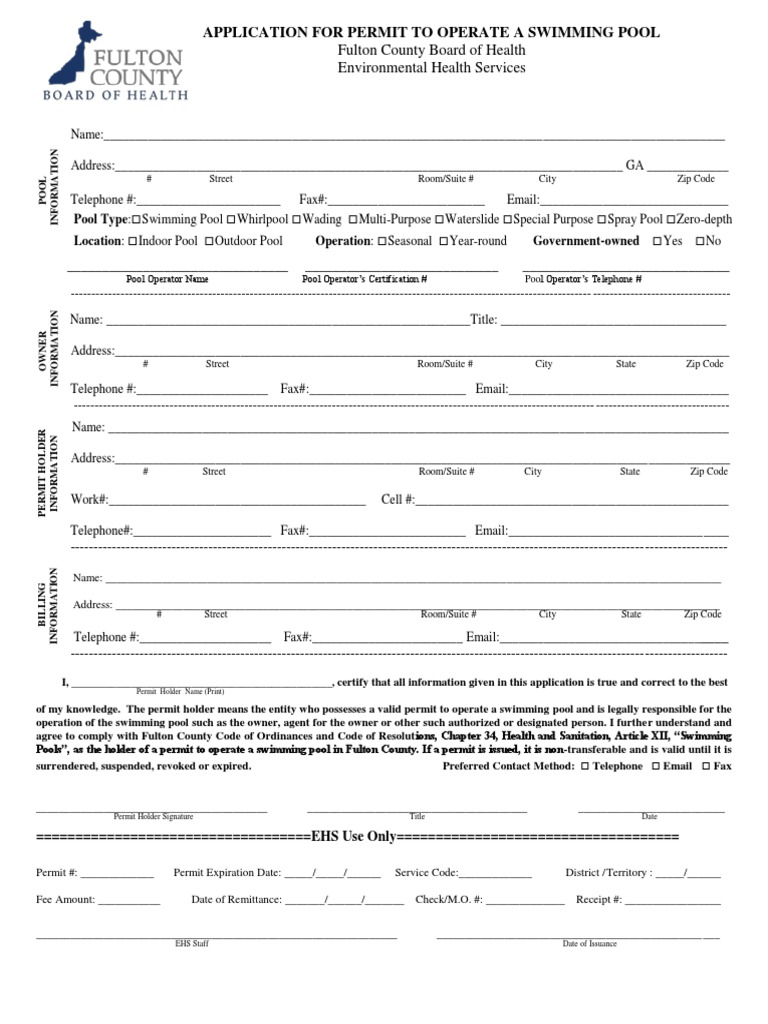 Fulton County Swimming Pool Permit Application | PDF | Swimming Pool ...