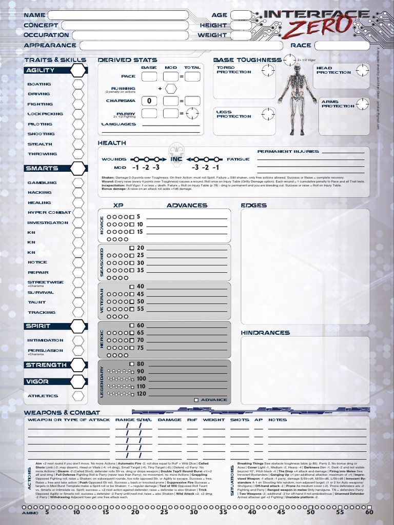 Savage Worlds Interface Zero Character Sheet PDF Leisure Sports