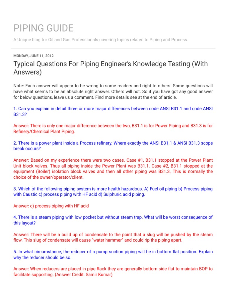 PIPING GUIDE Typical Questions For Piping Engineer's Knowledge