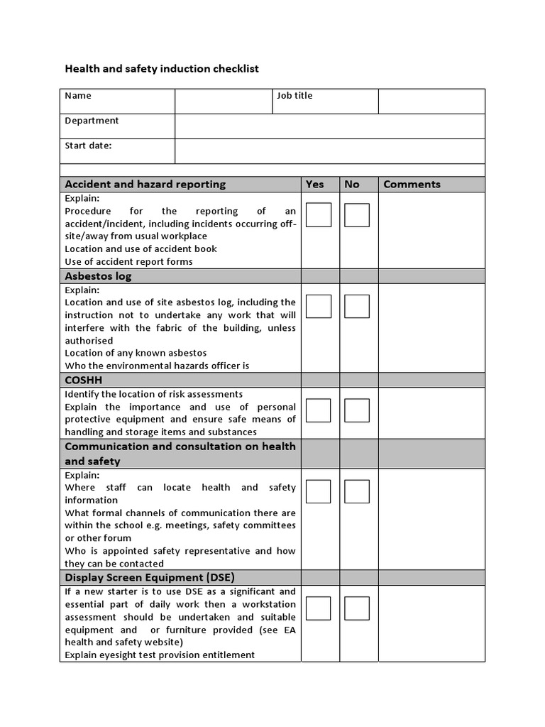 Health and Safety Induction Checklist | PDF | Occupational Safety And ...