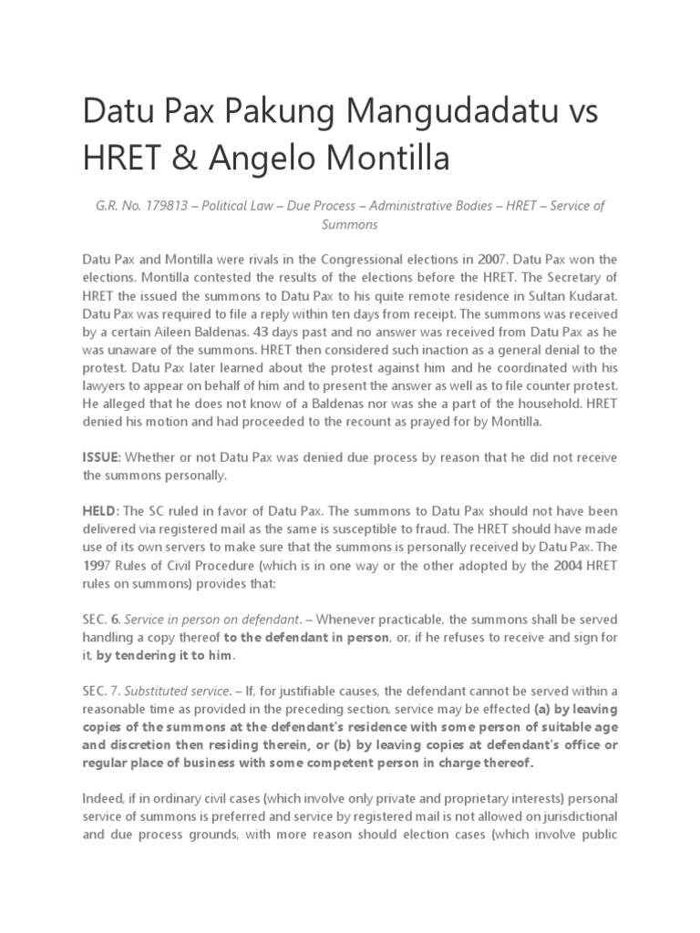 Datu Pax Pakung Mangudadatu Vs HRET & Angelo Montilla | PDF | Summons ...