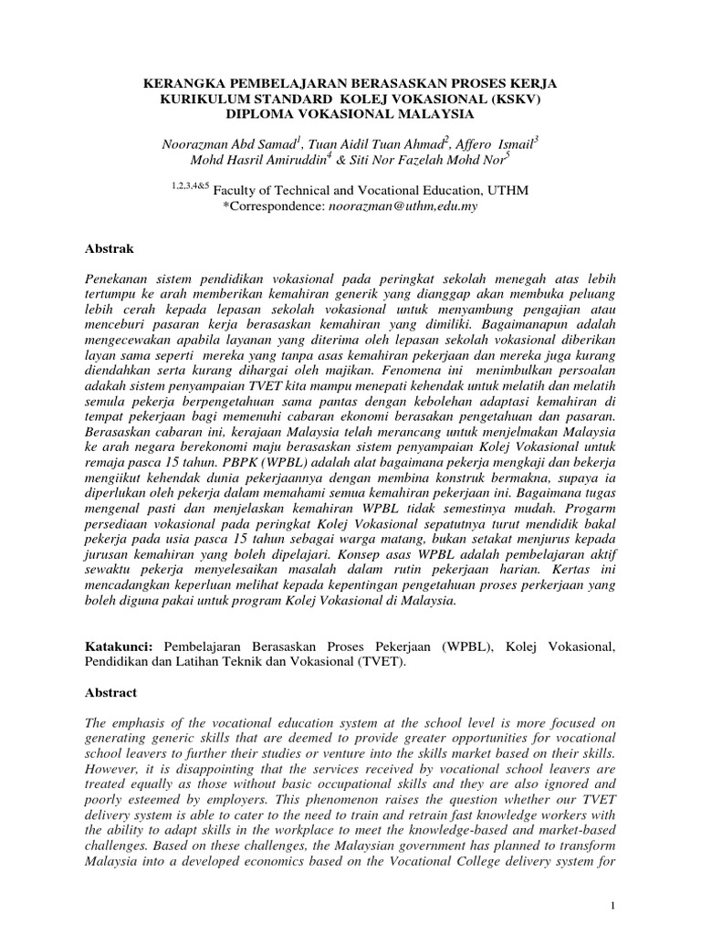Kerangka Pembelajaran Berasaskan Proses Kerja Kurikulum Standard Kolej Vokasional Kskv Diploma Vokasional Malaysia Pdf