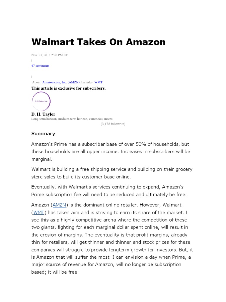 Walmart Takes On Amazon Download Free Pdf Walmart Subscription