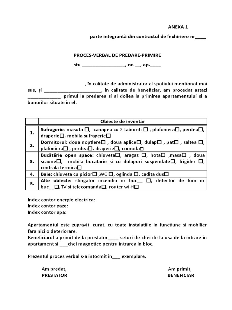 Proces Verbal de Predare Primire Apartament | PDF