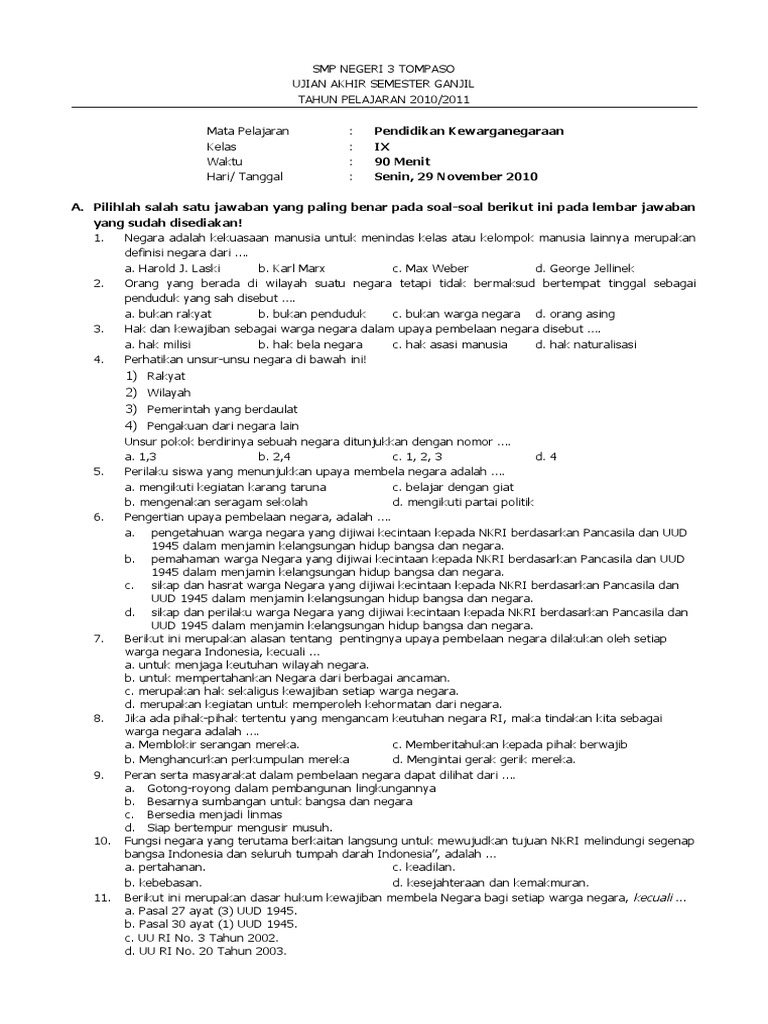 Soal Uas Pkn Kelas 9 Semester 1 Ktsp Ilmusosial Id