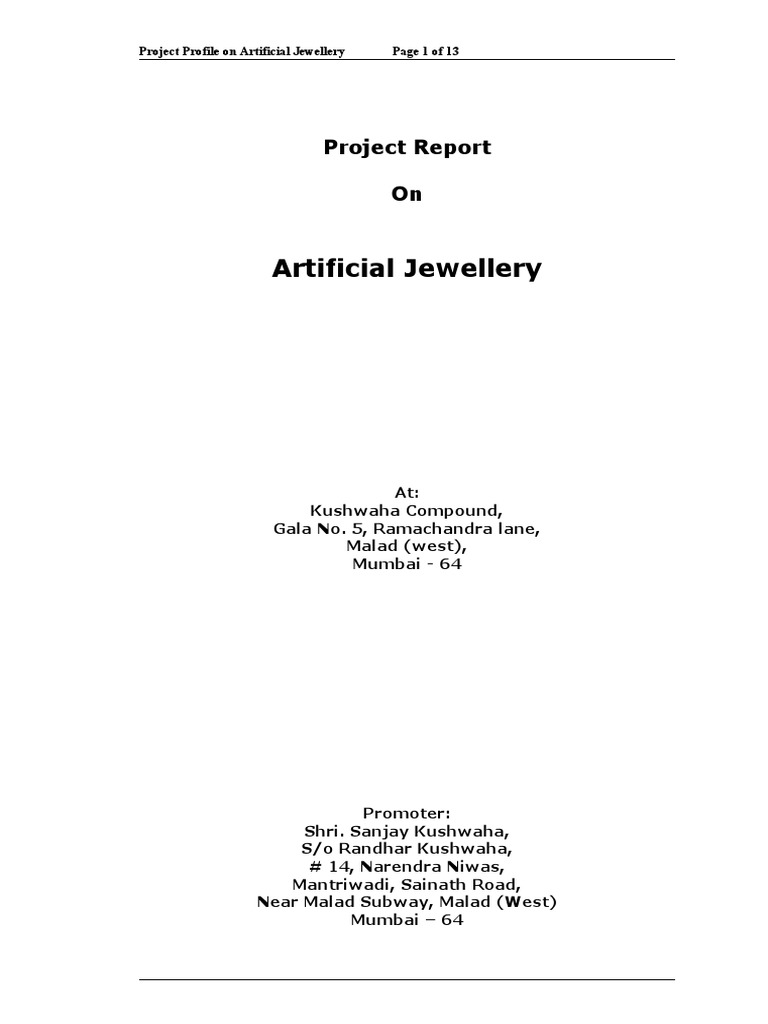 Artificial Jewellery Project Report On PDF Jewellery Expense