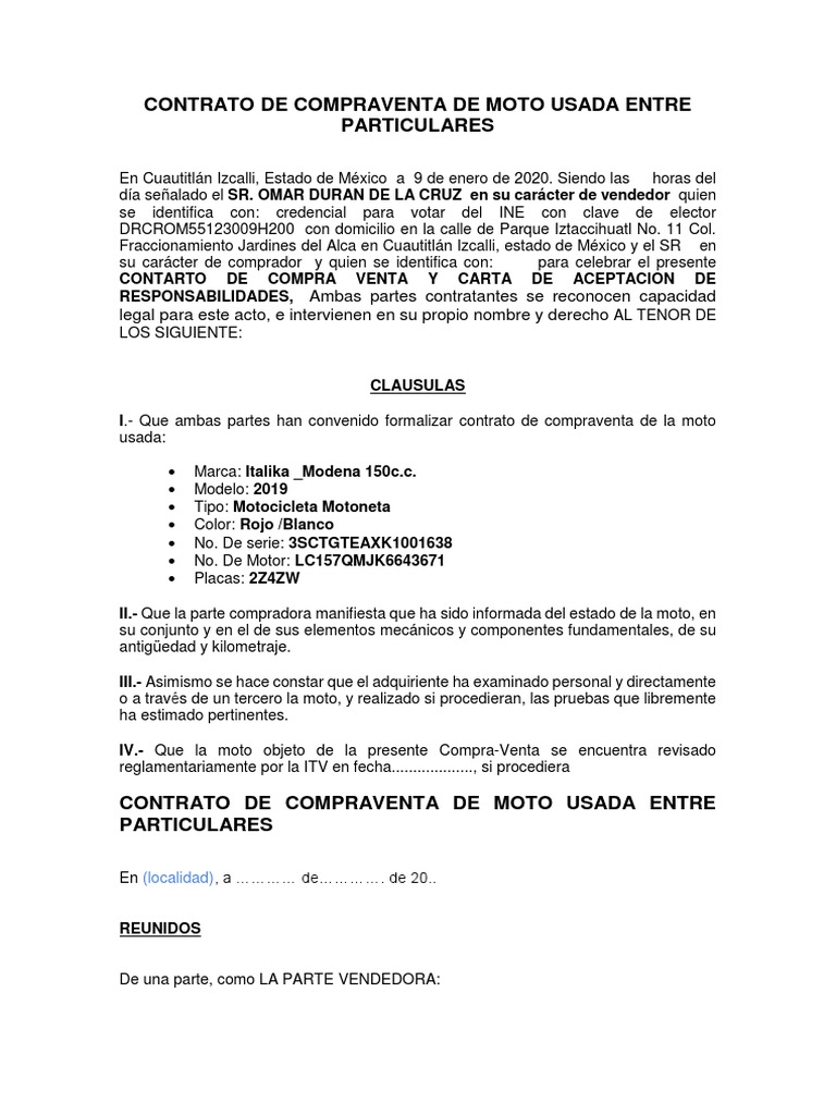 Contrato de Compraventa de Moto Usada Entre Particulares | PDF ...