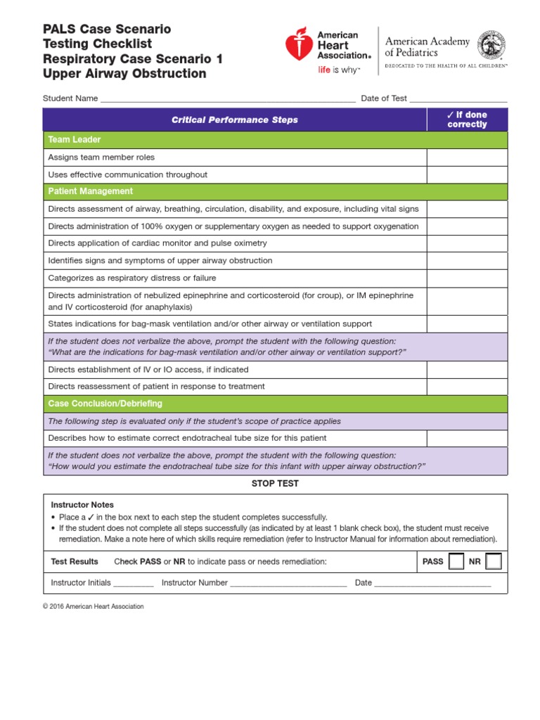 PALS Case Scenario Testing Checklist | PDF | Shock (Circulatory ...