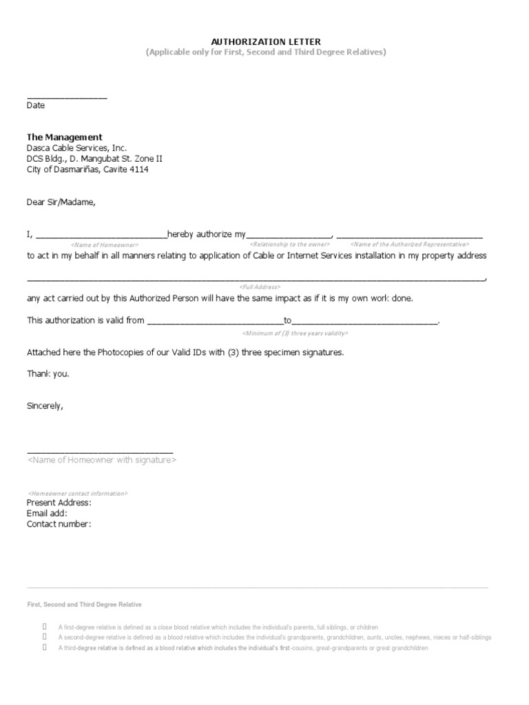 Authorization Letter for Cable Services | PDF