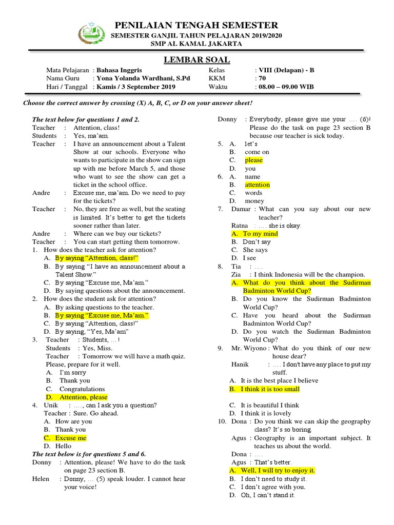 Soal Pts 1 Ganjil Bahasa Inggris Kelas 8 2019 2020