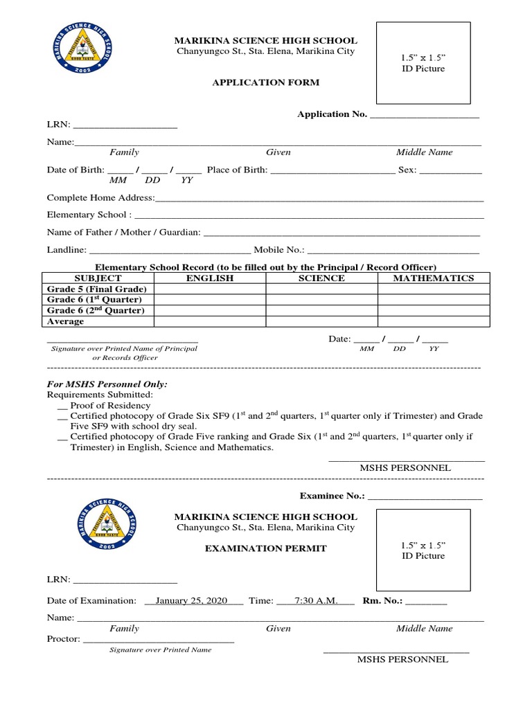 Application for Admission to Marikina Science High School PDF