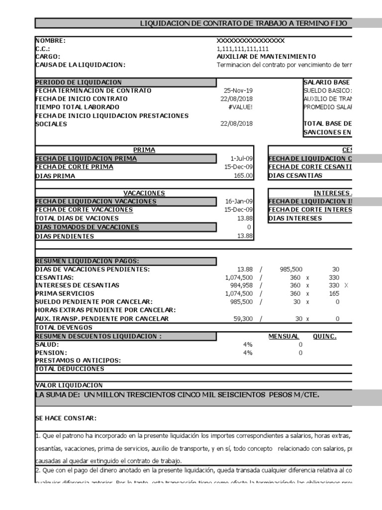 Formato para Liquidar Contrato de Trabajo A Termino Fijo | PDF ...