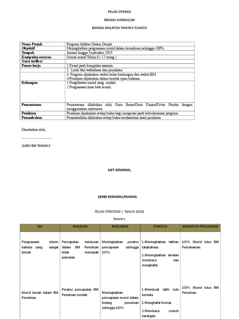 Pelan Operasi Bm 6p 2018 Pdf