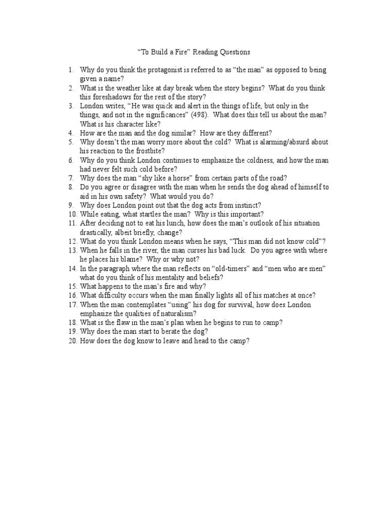 To Build A Fire Reading Questions PDF