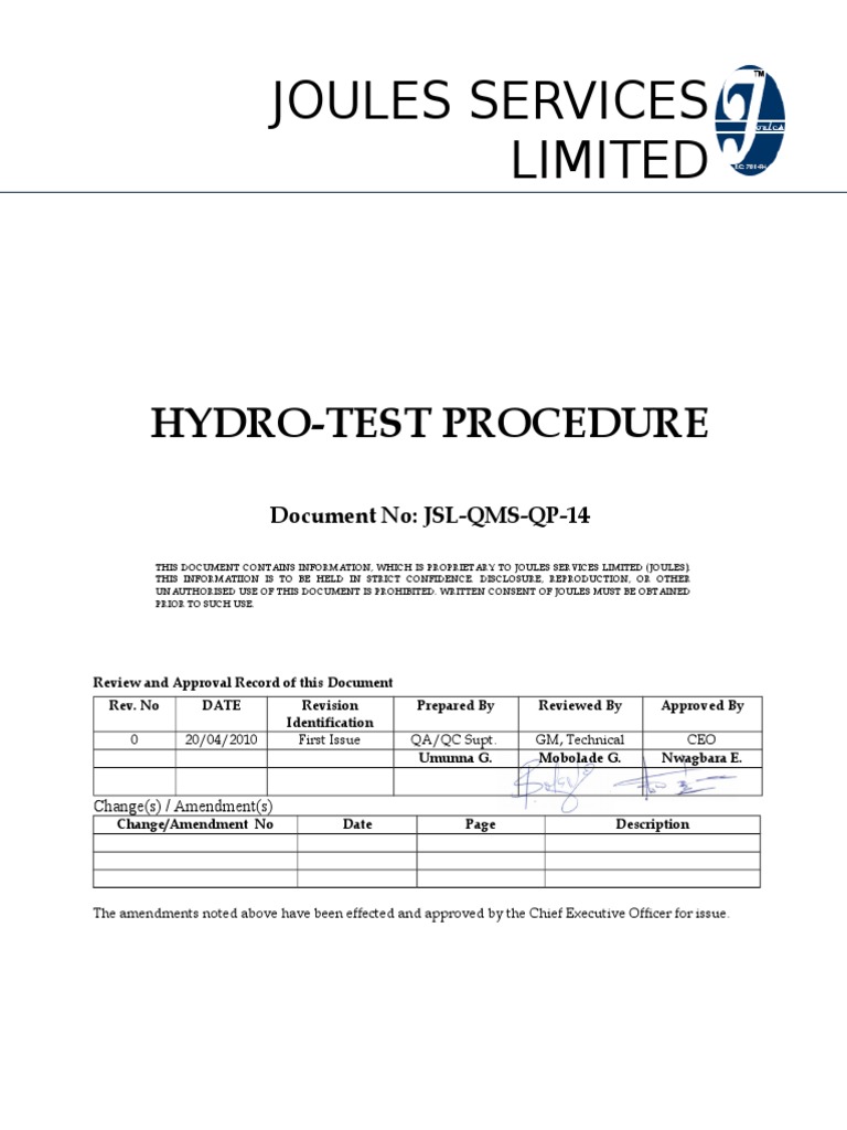 Hydro-Test Procedure Overview | PDF | Calibration | Leak