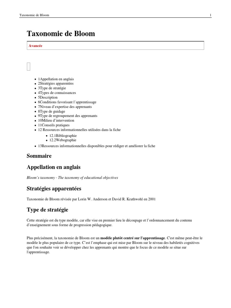 Taxonomie de Bloom : Guide Pédagogique | PDF | Pédagogie | Taxonomie ...