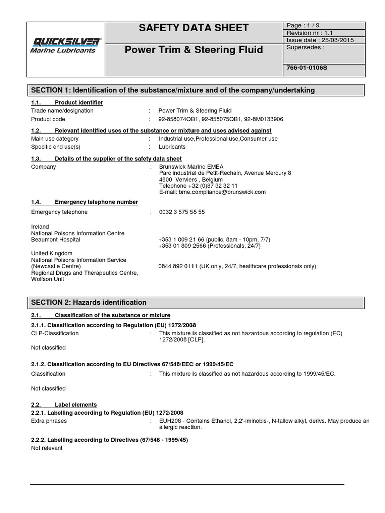Quicksilver Power Trim and Steering Fluid MSDS PDF Firefighting