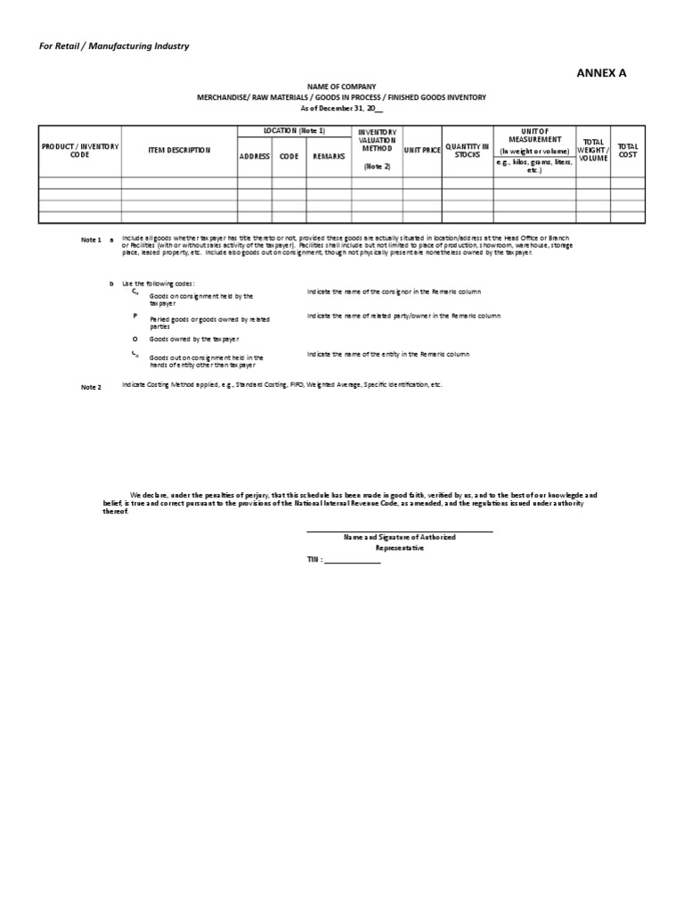 Annex A C of RMC No. 57 2015 PDF Inventory Warehouse