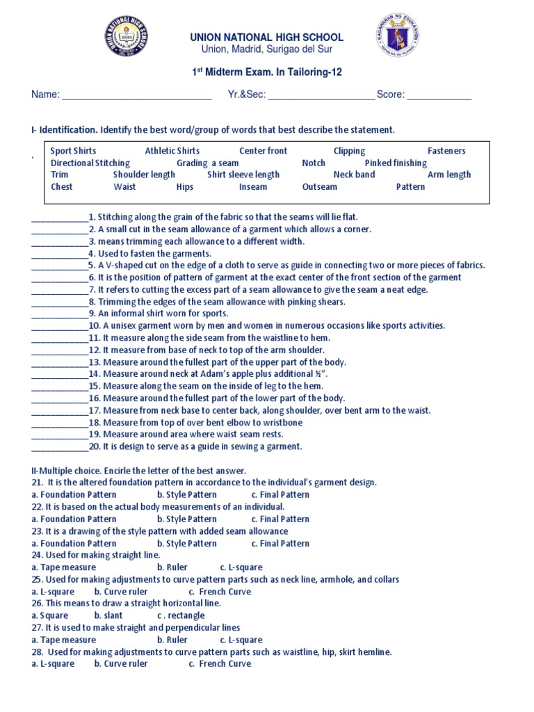 Tailoring Exam Questions and Answers | PDF | Seam (Sewing) | Human ...