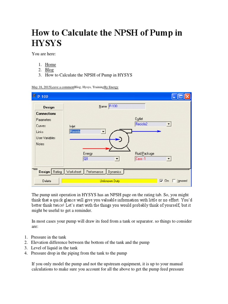 How To Calculate The NPSH of Pump in HYSYS PDF Nozzle Pump