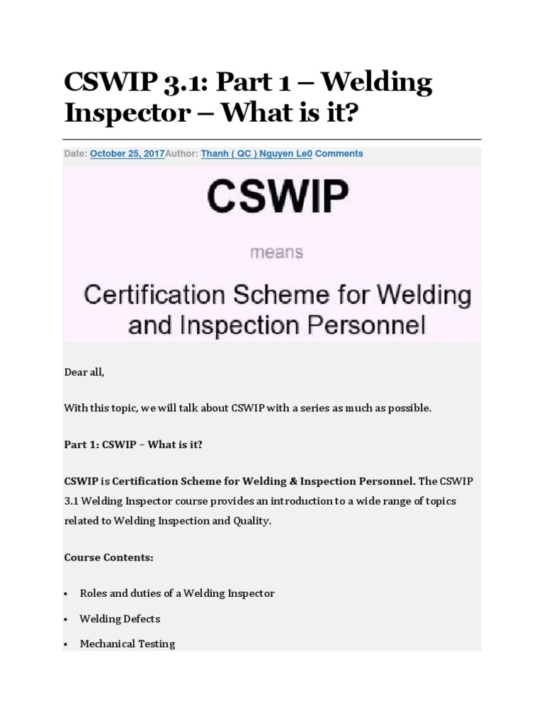CSWIP 3 1 EXAM INSTRUCTIONS AND COURSE CONTENT