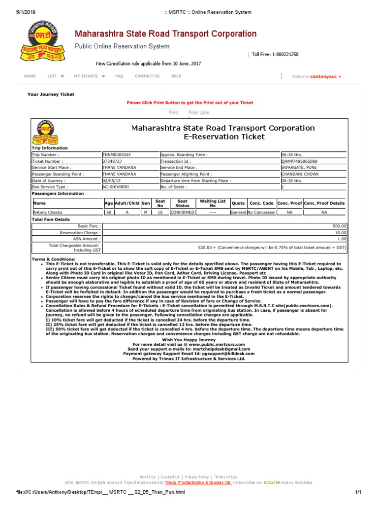 MSRTC Online Ticket Booking Guide | PDF | Identity Document | Ticket ...