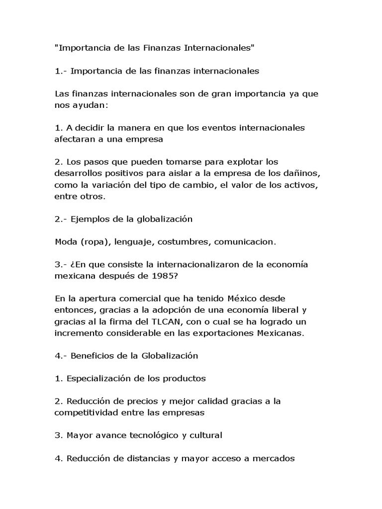 Importancia de las Finanzas Internacionales | PDF | Estándar dorado ...