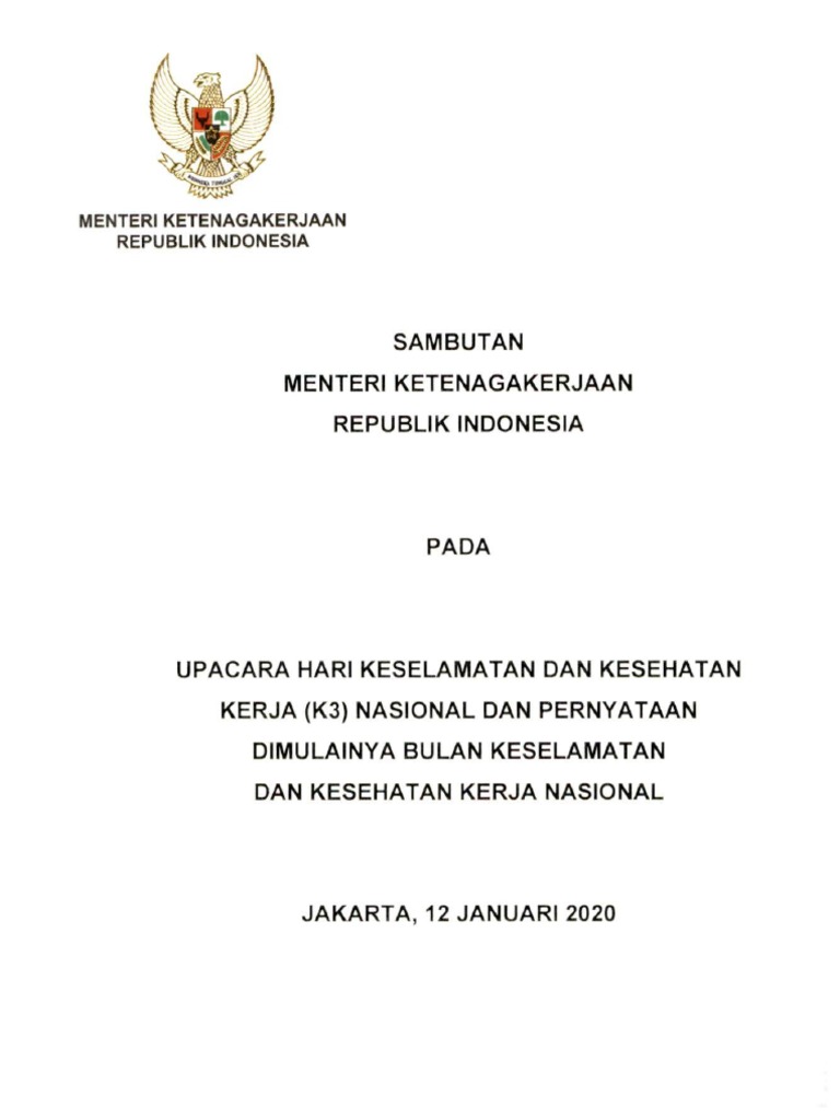 Sambutan Menaker Ri Pada Upacara Hari K3 Nasional | PDF
