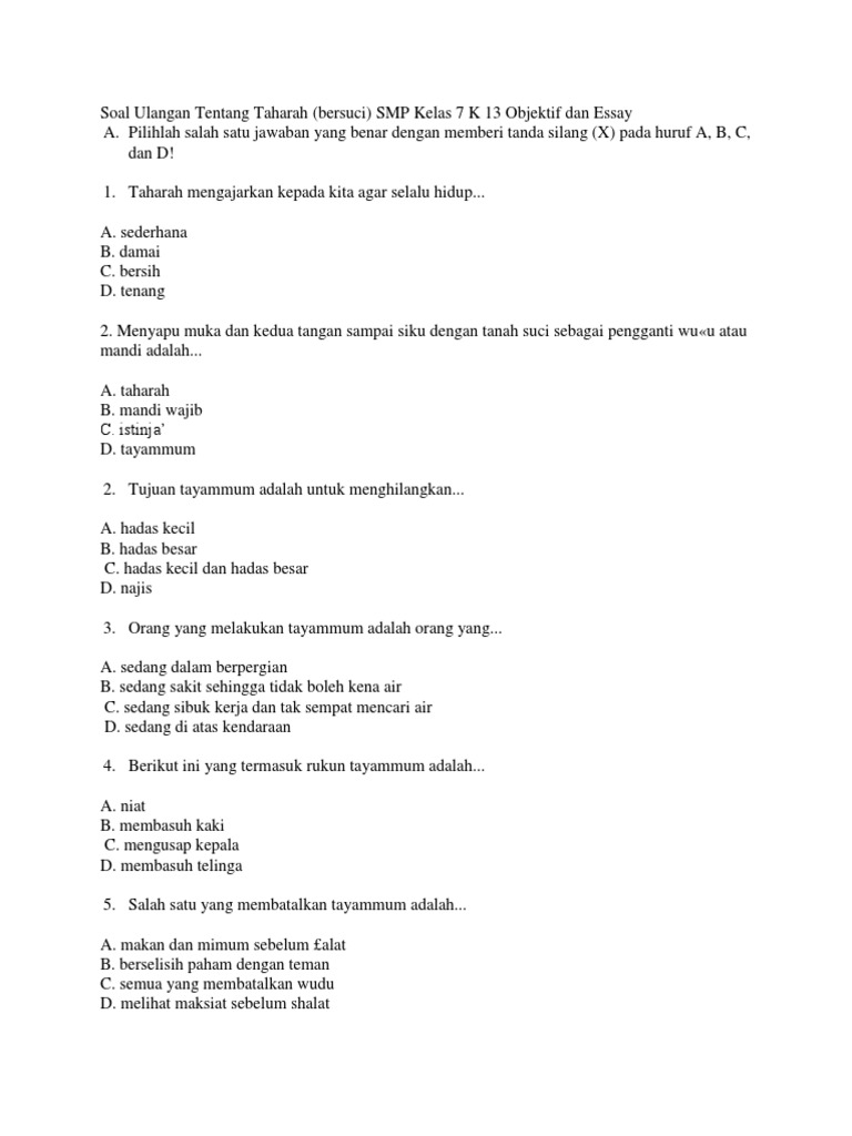 Soal Ulangan Tentang Taharah