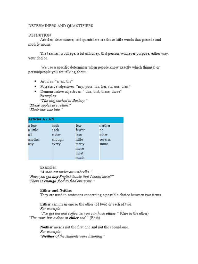 Determiners and Quantifiers | PDF