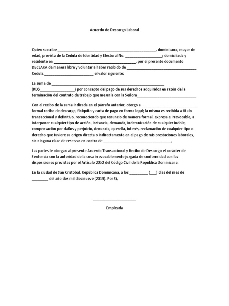 Modelo de Acuerdo de Descargo Laboral | PDF