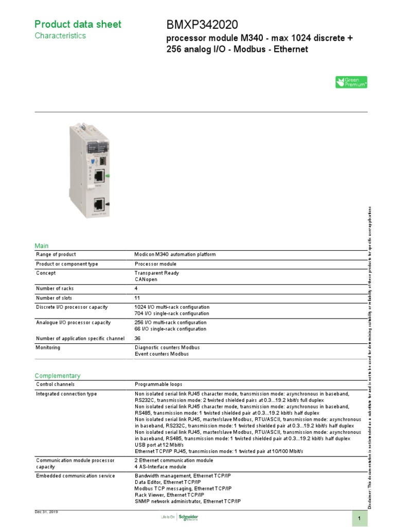 Processeur Schneider BMXP342020 – M340 CPU 1024 E/S TOR, 256 E/S Ana, Modbus + Ethernet, Occase