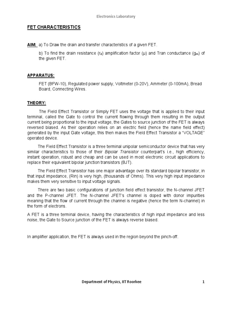 Draw Input and Output Characteristics of A JFET (BFW10) PDF PDF Field Effect Transistor