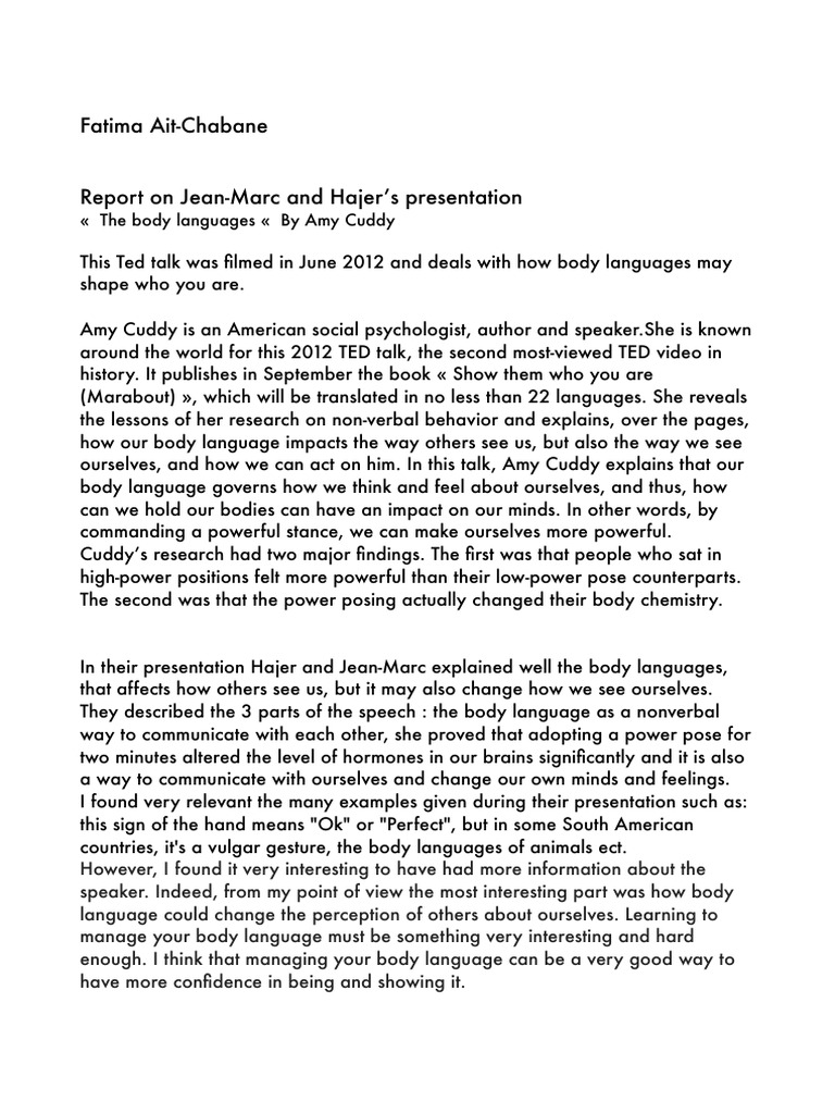 Body Language Ted Talk PDF | PDF | Body Language | Nonverbal Communication