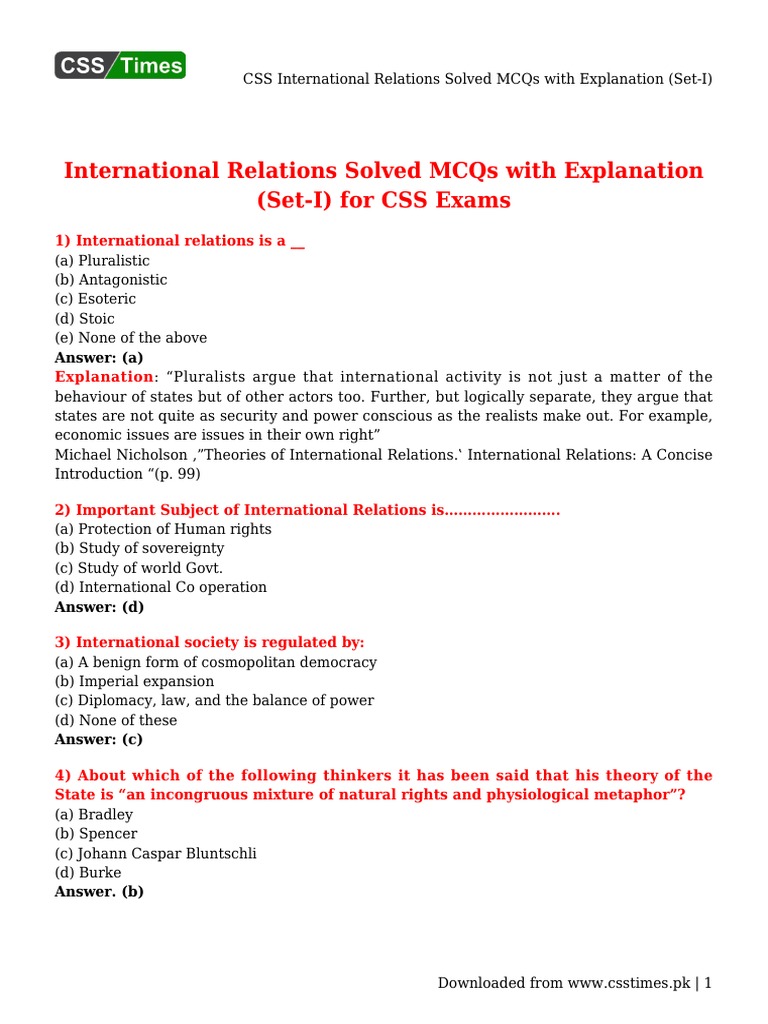 CSS International Relations MCQs Explained | PDF | Sparta | Ancient Greece