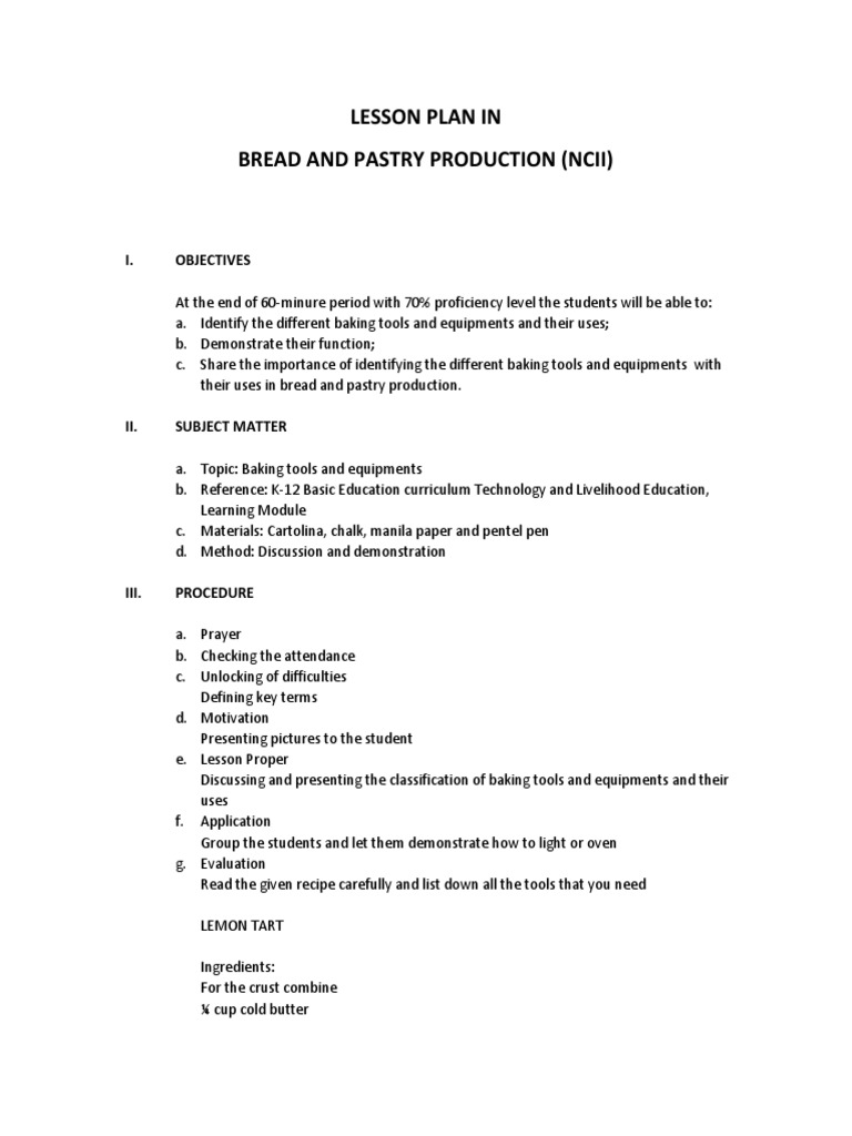 Lesson Plan in Bread and Pastry Producti PDF